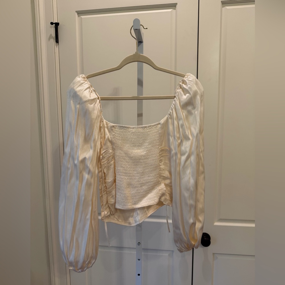 Astr Cream Satin Long-Sleeve Twist Front Blouse - Picture 8 of 8
